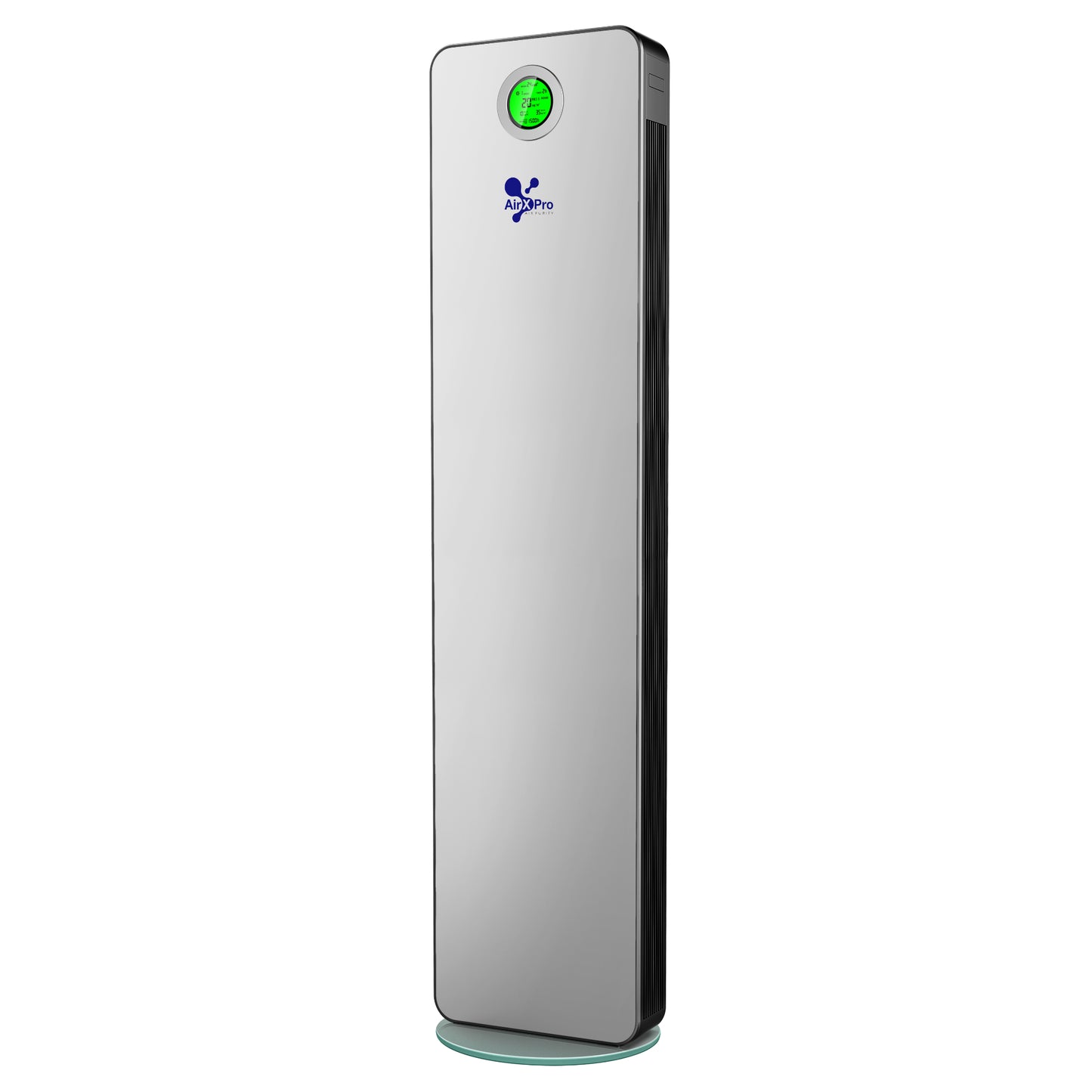 Tall rectangular air purifier with a brand logo on a white background