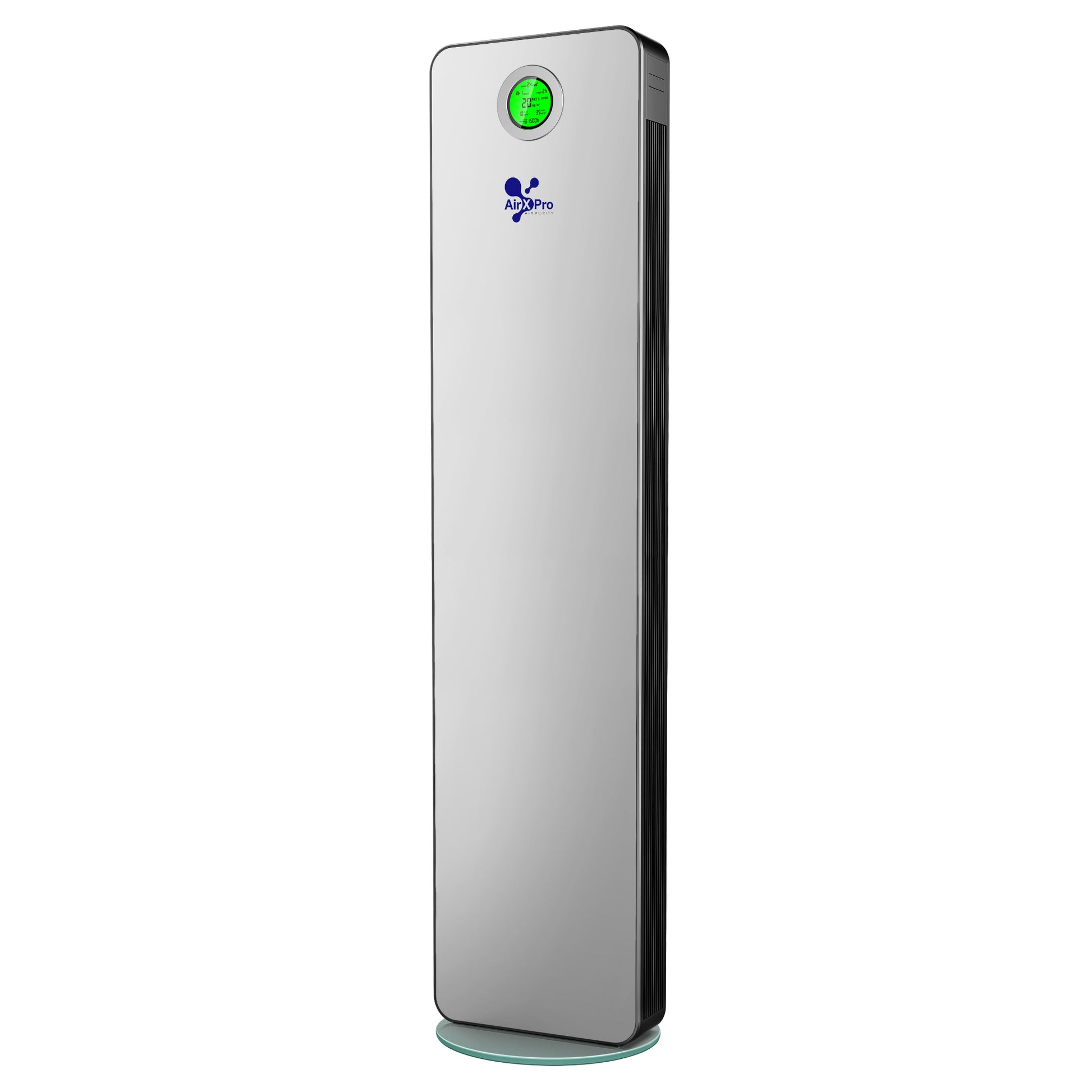 Tall rectangular air purifier with a brand logo on a white background