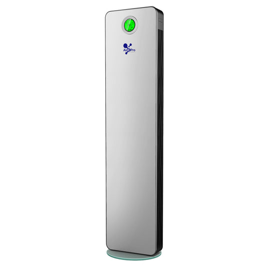 Tall rectangular air purifier with a brand logo on a white background