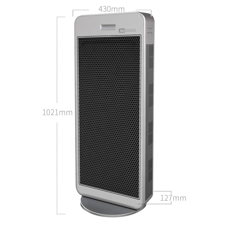 Air purifier with dimensions labeled on a white background