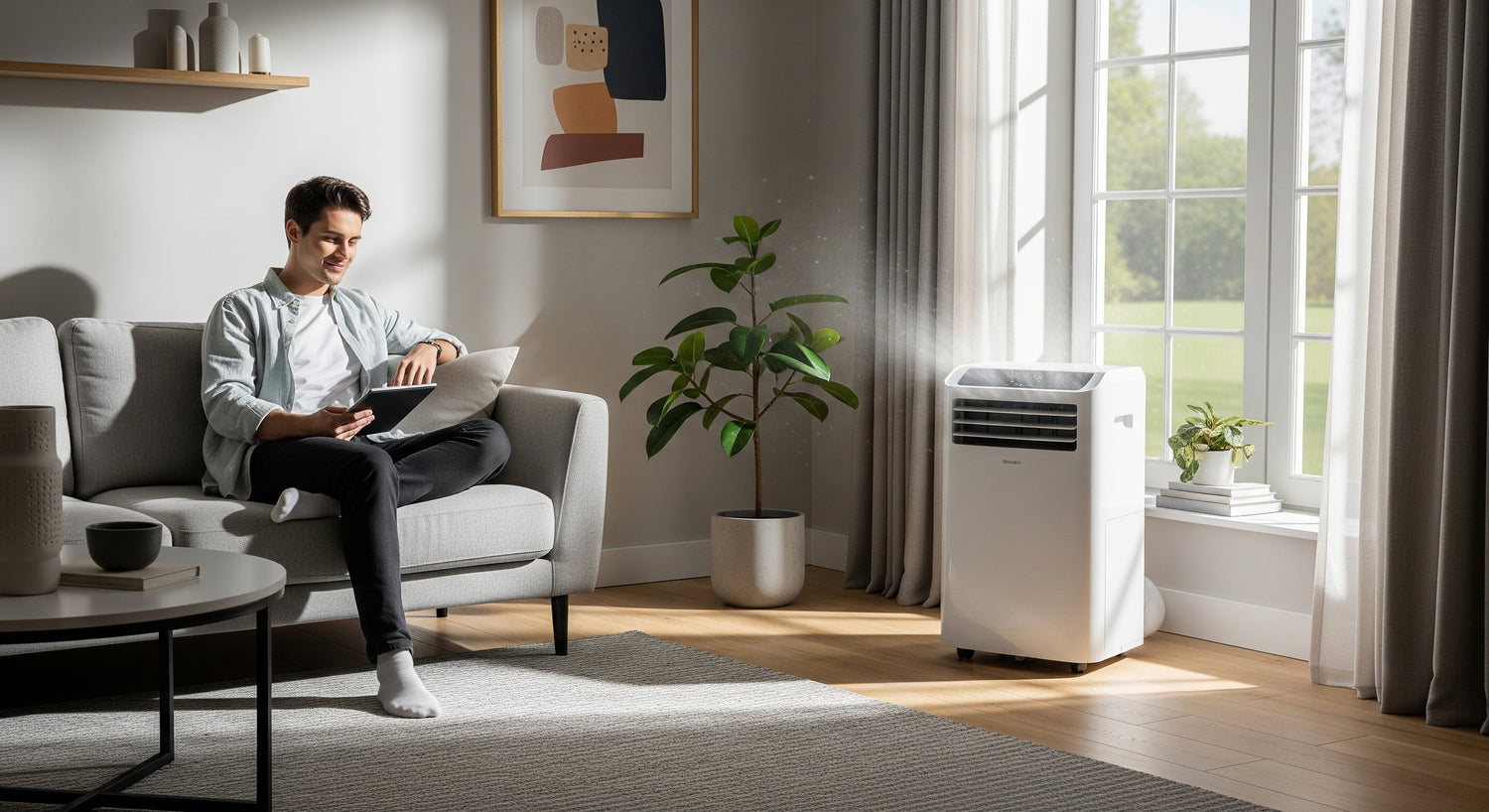 Person using a tablet in a living room with a portable air conditioner.