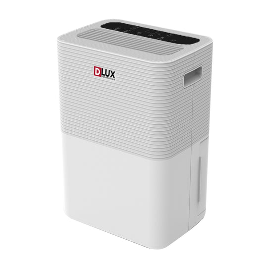White dehumidifier with DLux branding on a white background