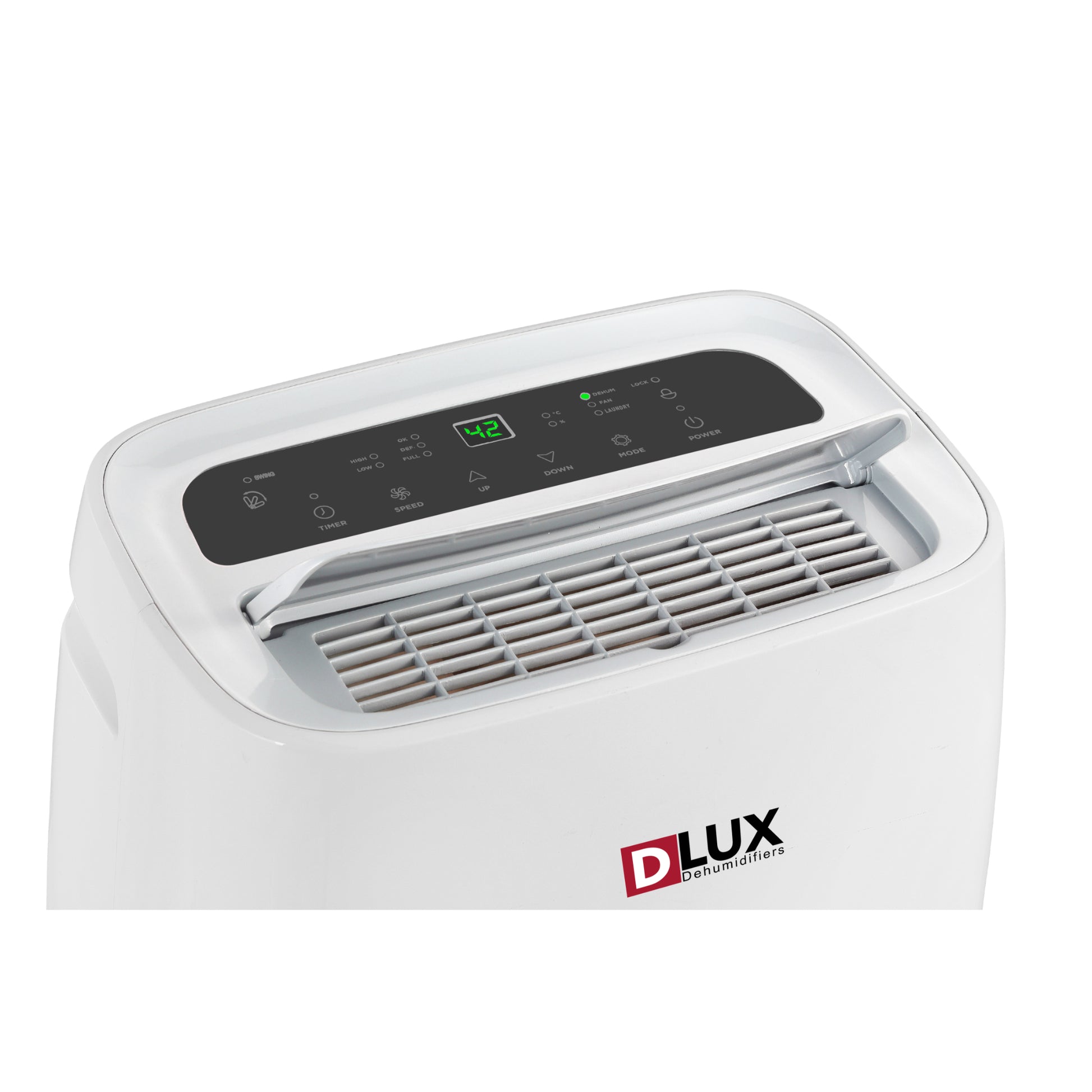 White dehumidifier with digital display and DLux logo on a white background