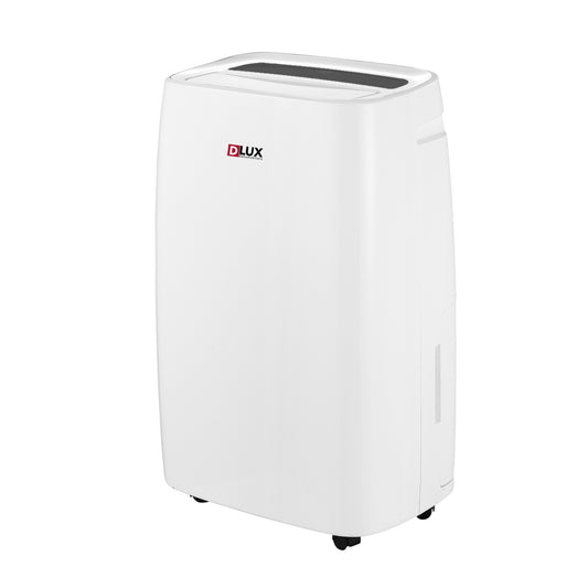 White portable dehumidifier with DLUX branding on a white background