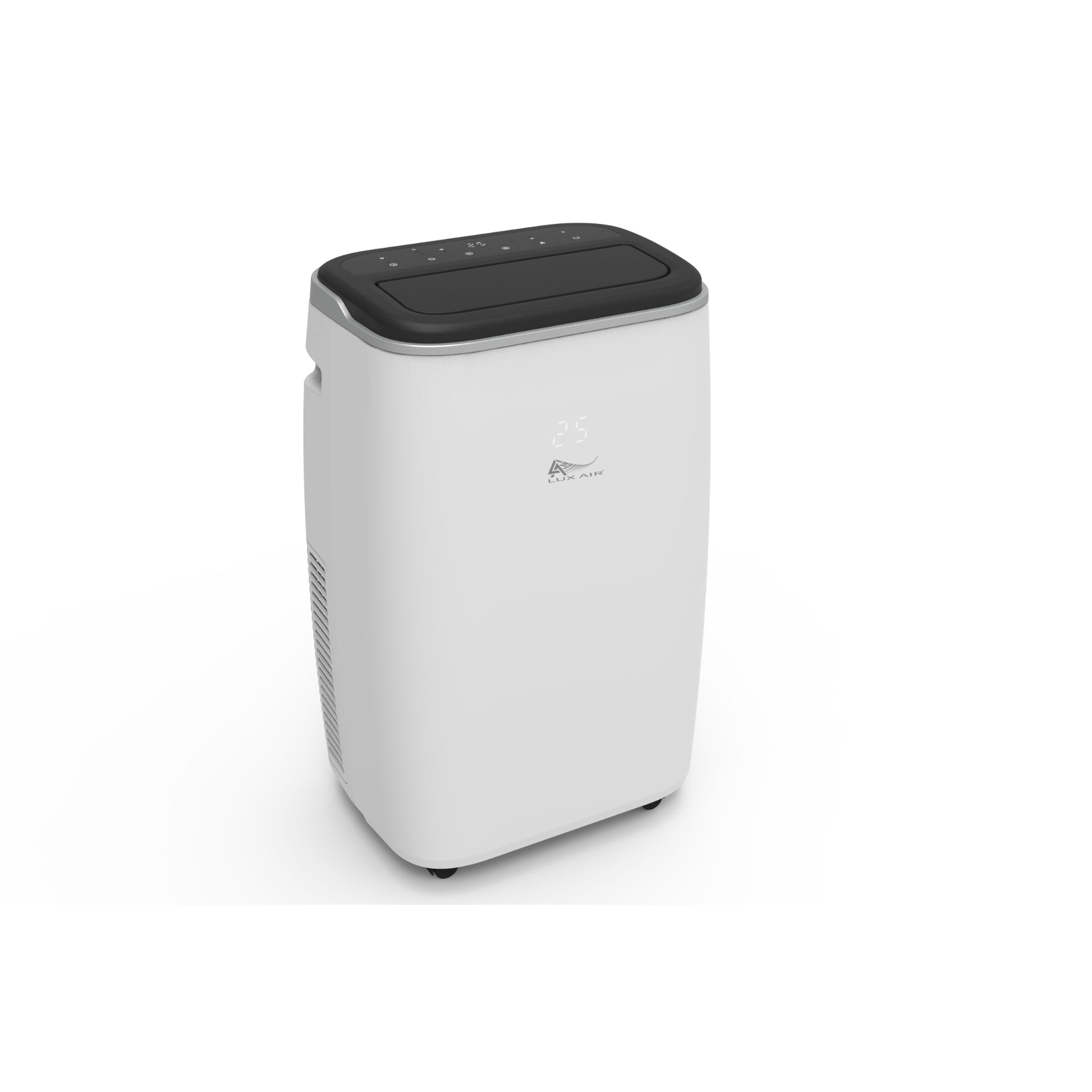 White portable air conditioner with black top on a white background