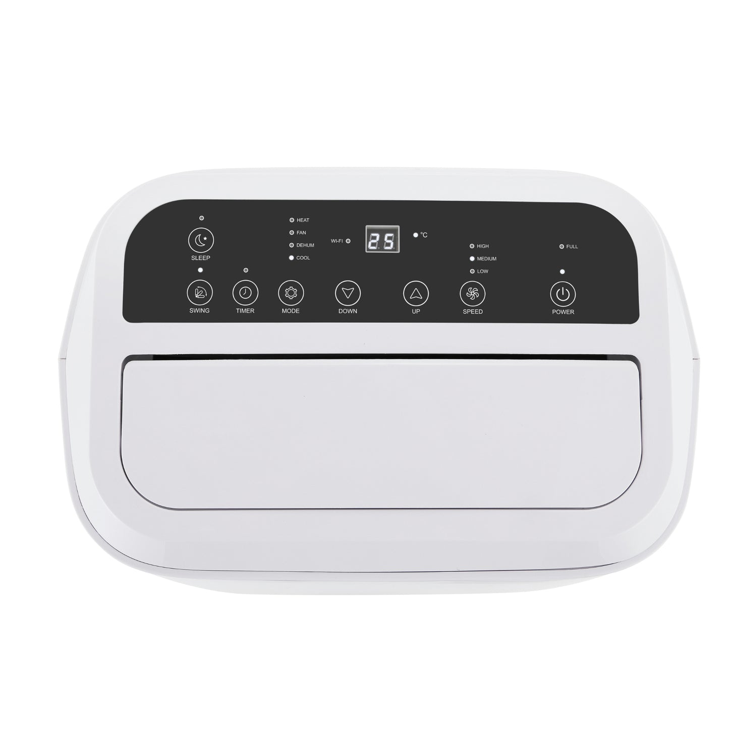 White air conditioner with control panel on a white background