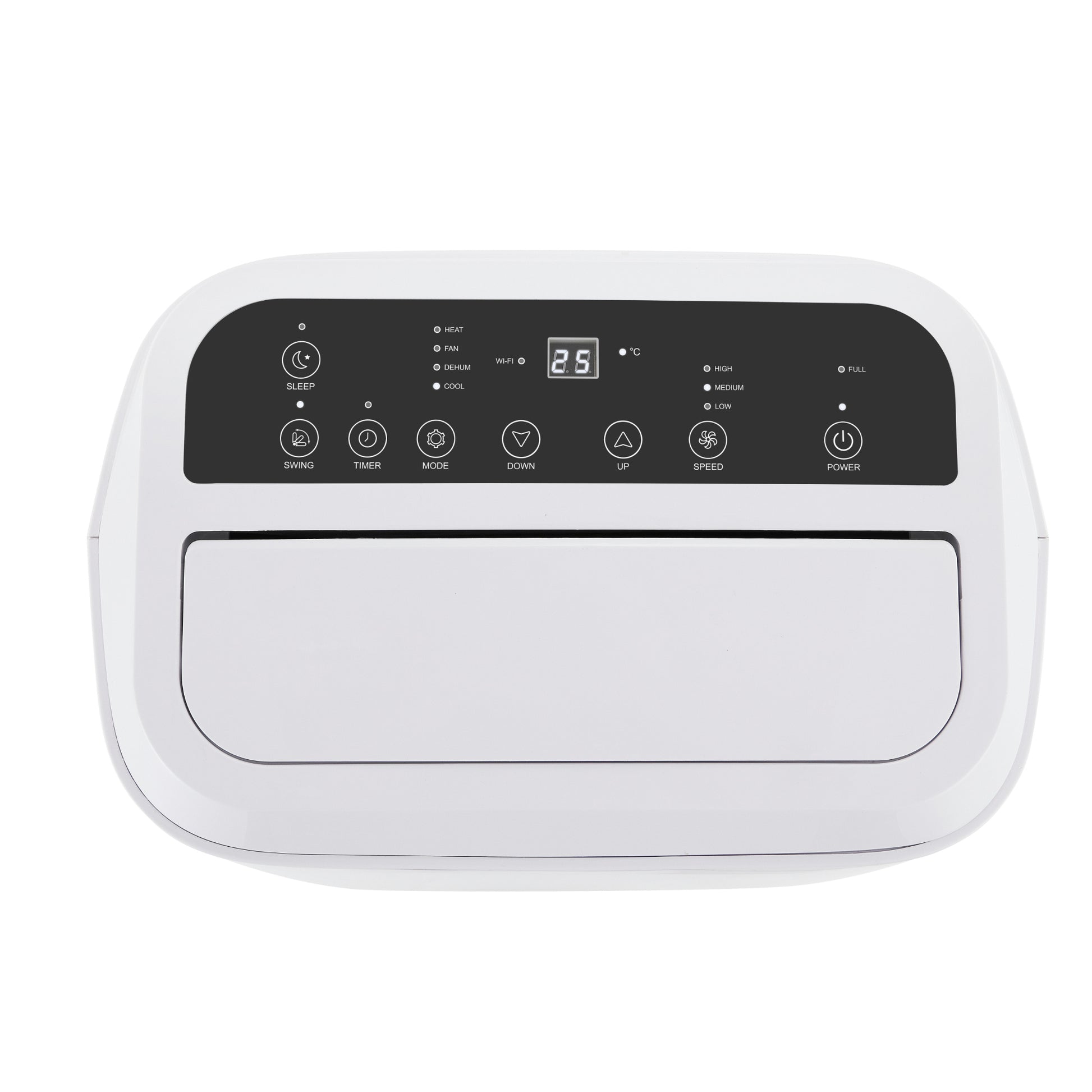 White air conditioner with control panel on a white background