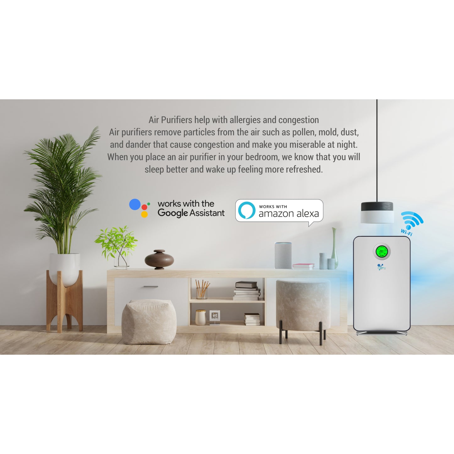 Air purifier in a room with a plant and furniture, featuring compatibility with Google Assistant and Amazon Alexa.
