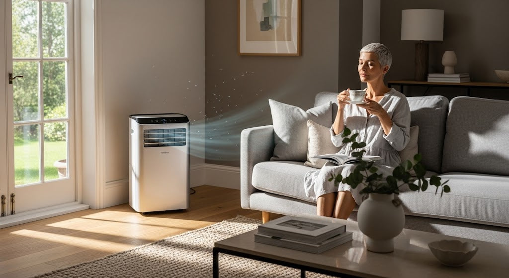 Woman sitting on a couch in a living room with a portable air conditioner.