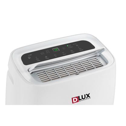 White dehumidifier with digital display and DLux logo on a white background