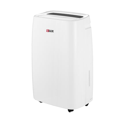 White portable dehumidifier with DLUX branding on a white background