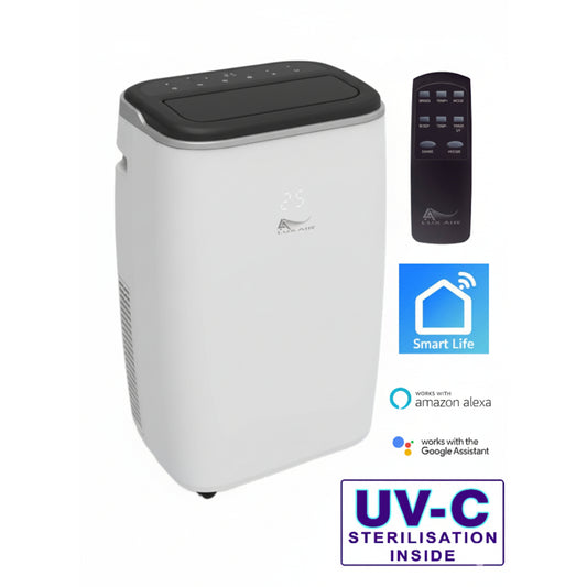 Portable air conditioner with remote control on a white background